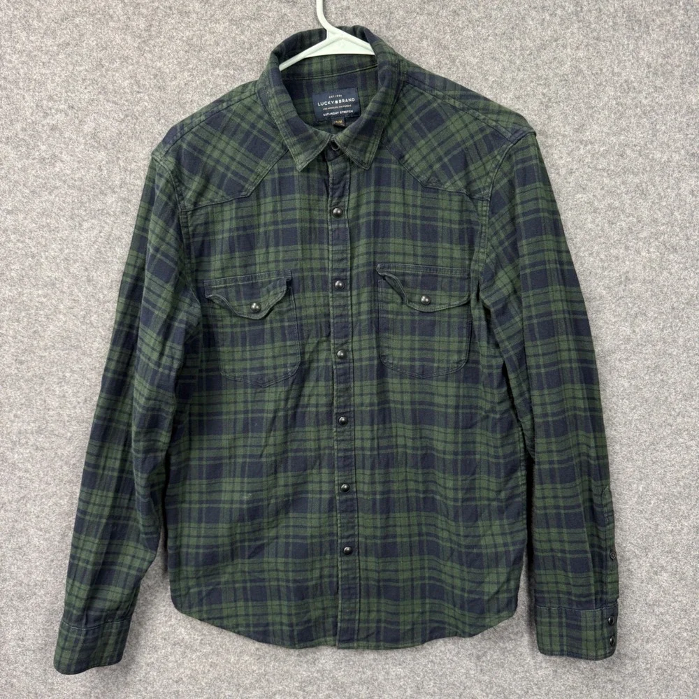 Lucky Brand‎ Mens Saturday Stretch Green Plaid Western Snap Front Shirt Medium